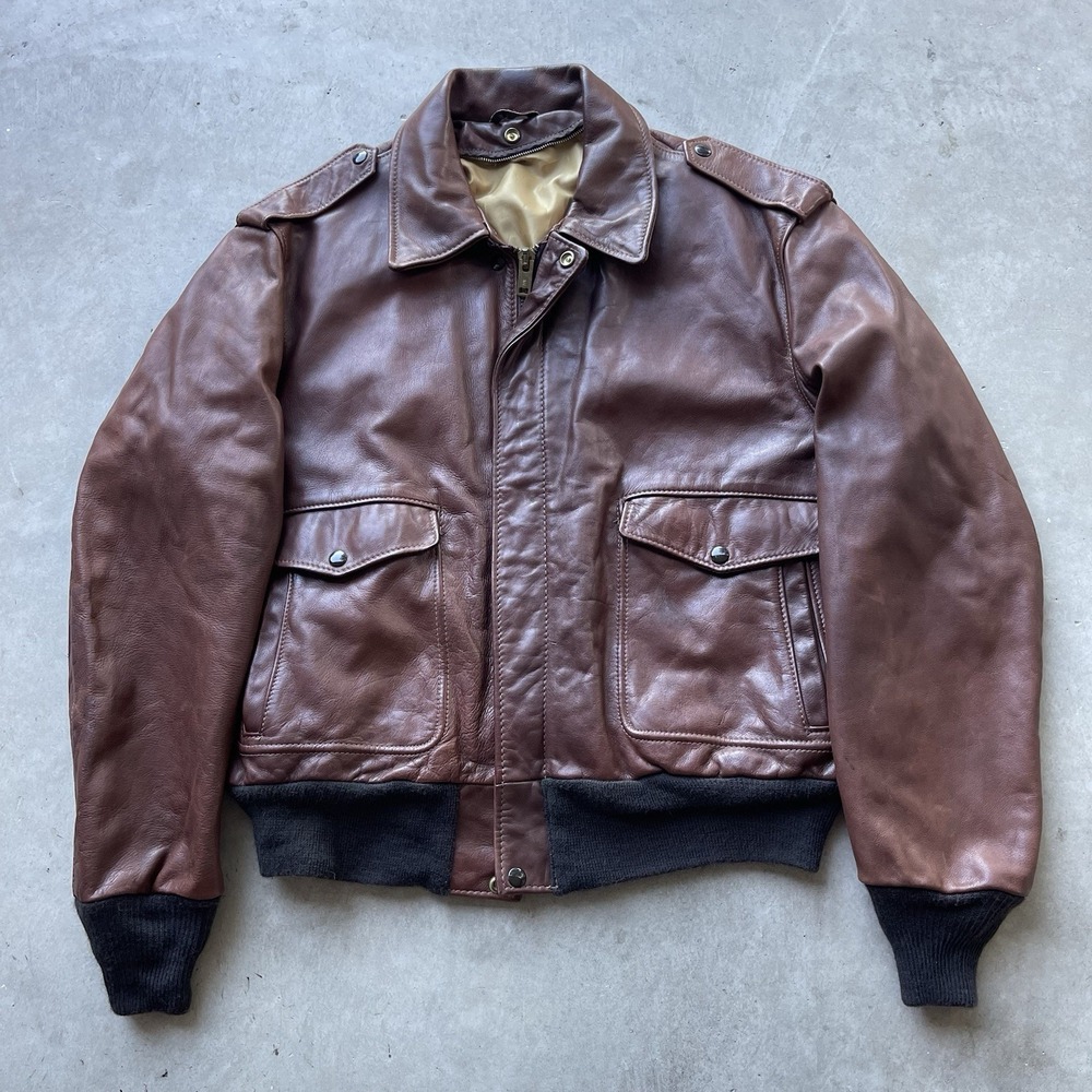 Vintage 60s Brown Leather Flight Bomber Jacket Ideal Zip Military Style‎ XL